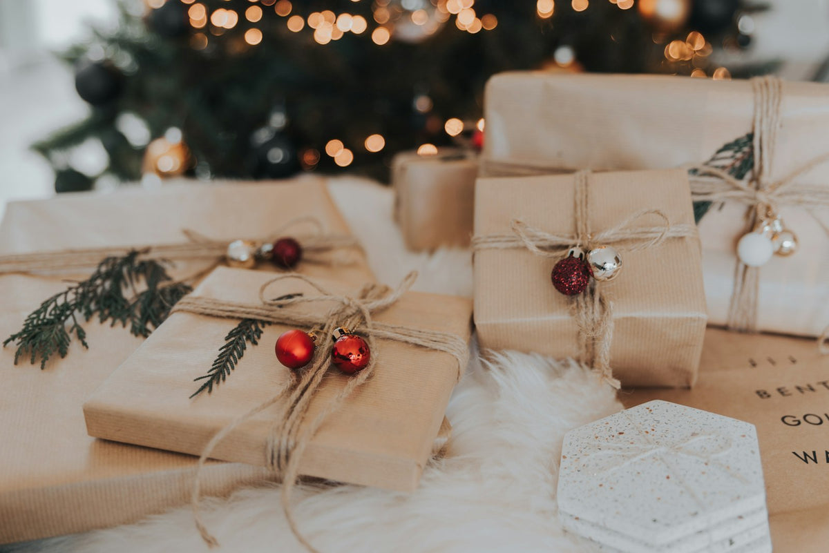 Christmas presents wrapped in brown paper