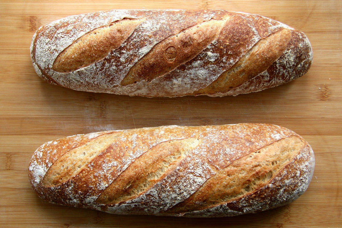 Freshly baked sourdough loaves on a wooden table