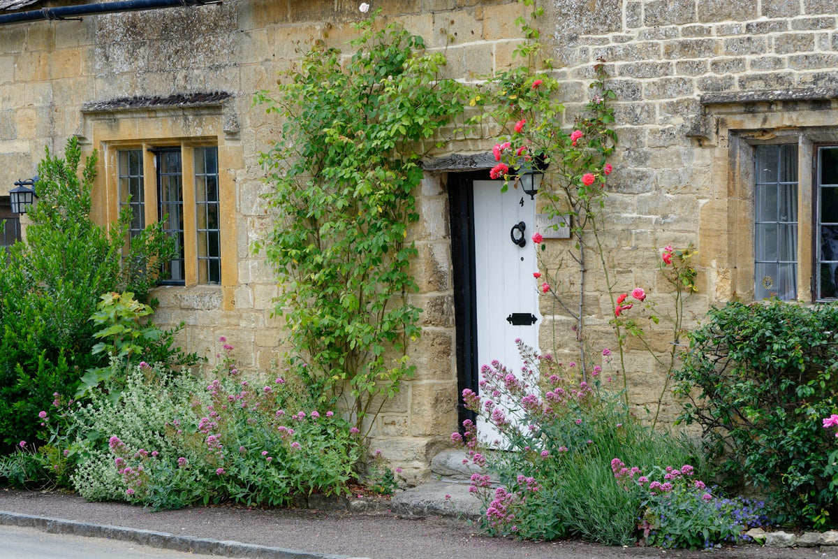 An old Cotswold stone house with a cottage garden