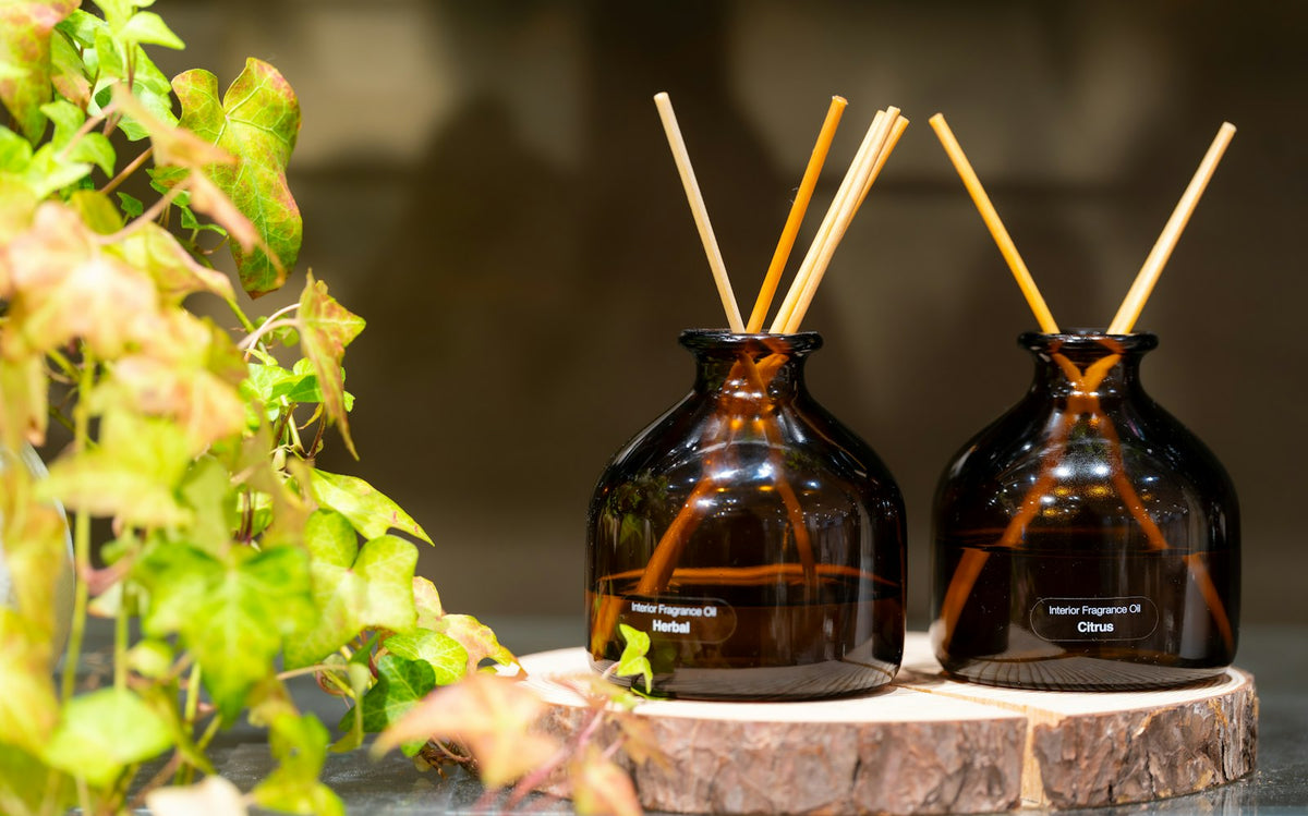Two amber glass reed diffusers with wooden reeds
