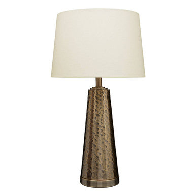 Antique brass table lamp with textured conical base and cream shade