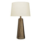 Antique brass table lamp with textured conical base and cream shade