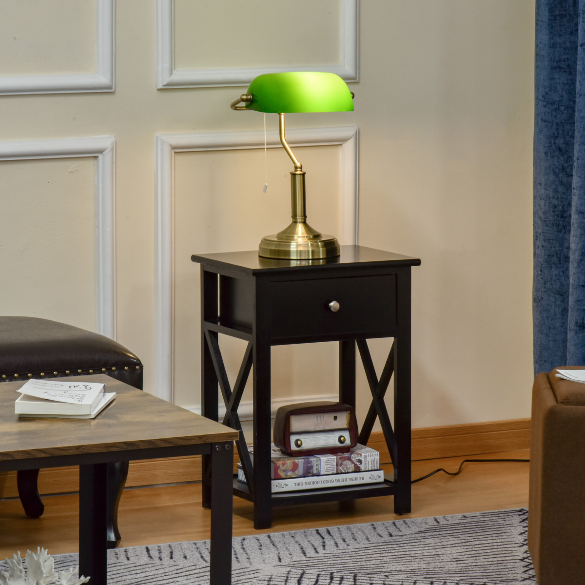 Banker's Desk Lamp, Antique Brass with Glass Shade