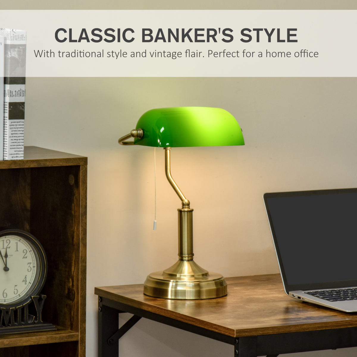 Banker's Desk Lamp, Antique Brass with Glass Shade
