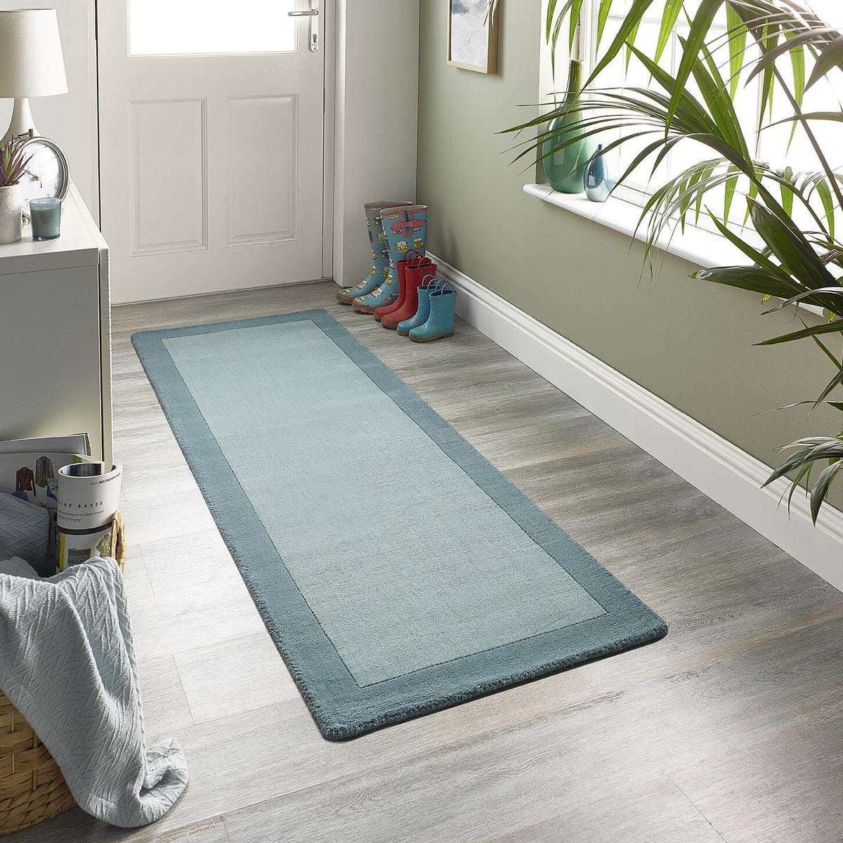 Bordered Wool Rug, Duck Egg Blue