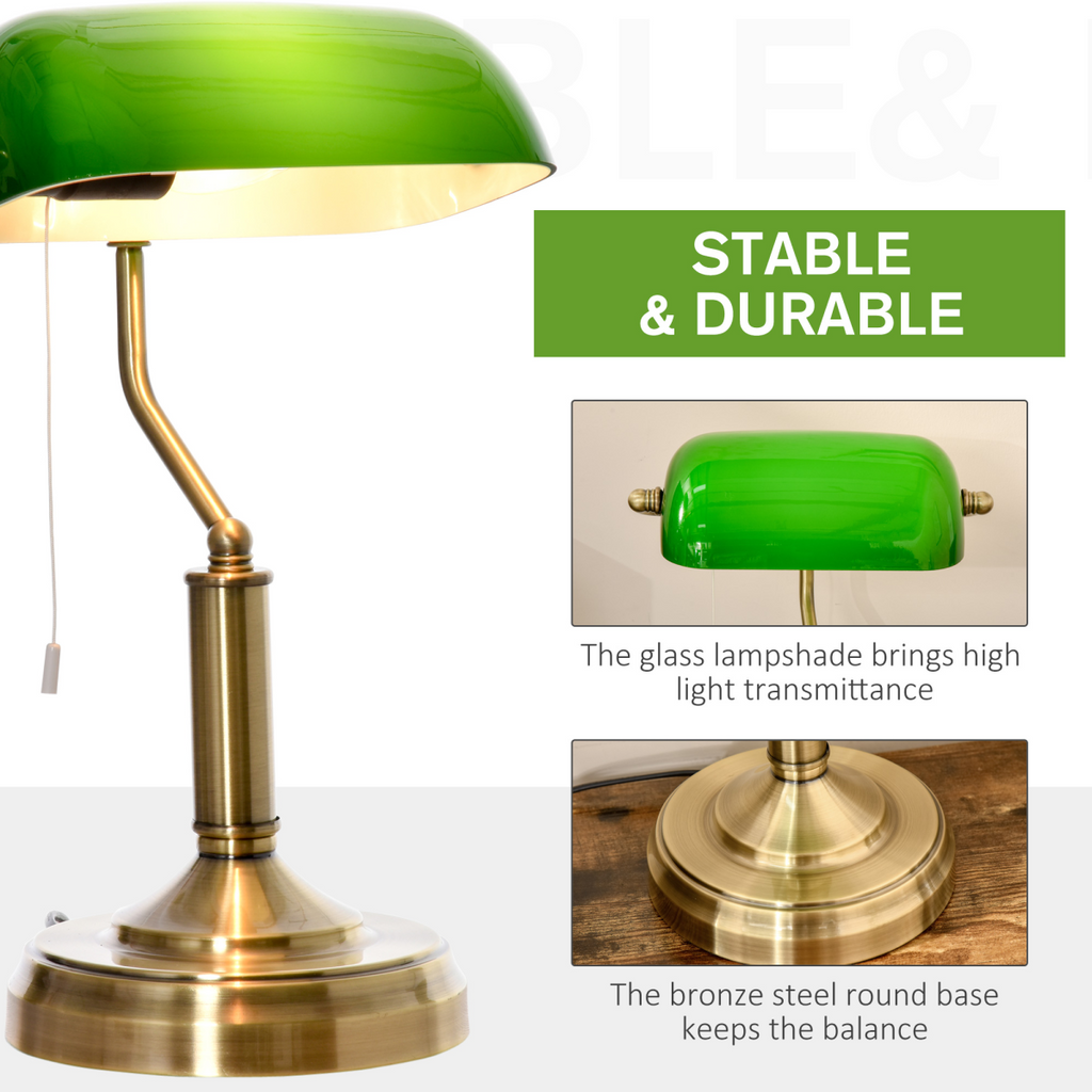 Banker's Desk Lamp, Antique Brass with Glass Shade