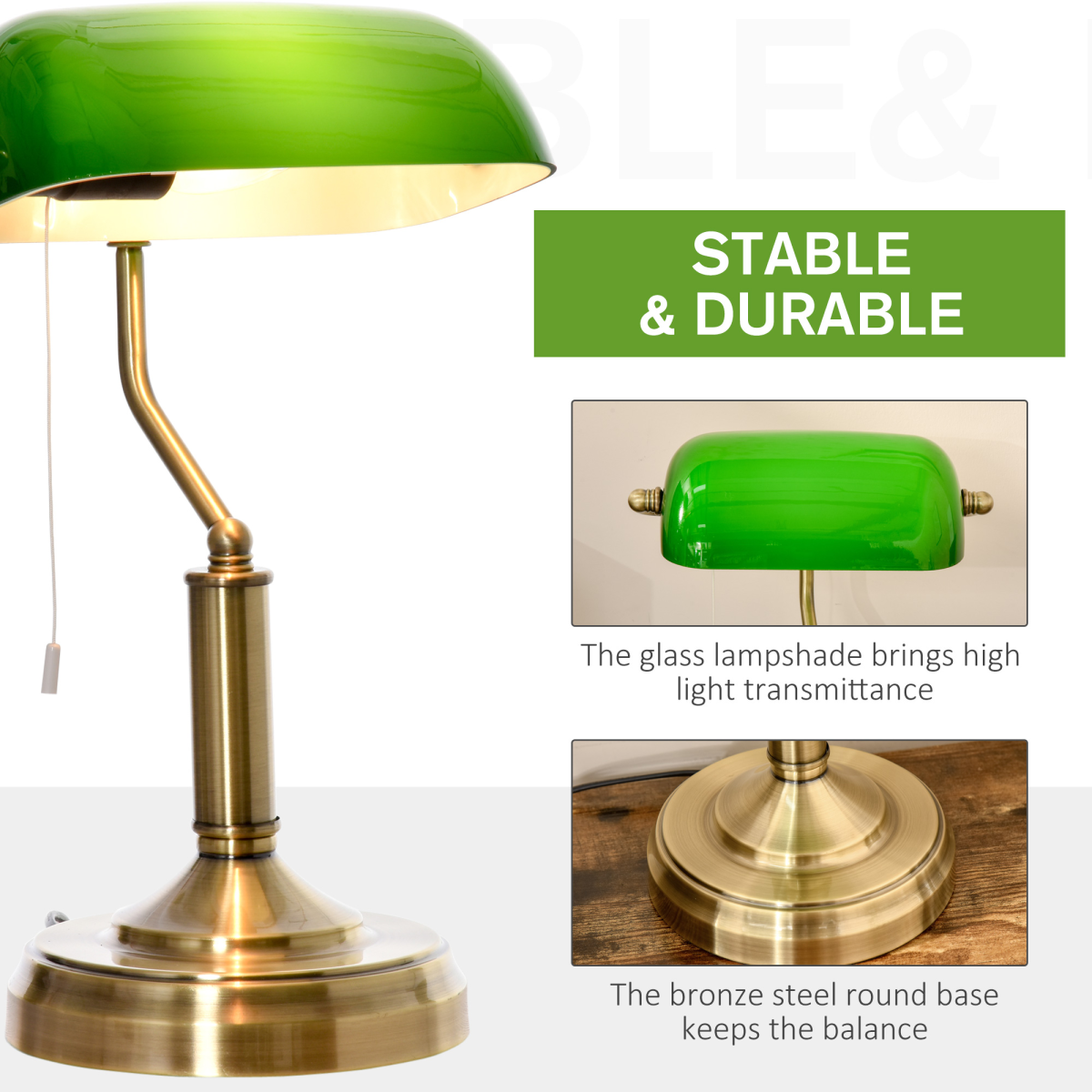 Banker's Desk Lamp, Antique Brass with Glass Shade