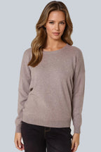 Mocha fine knit crew neck jumper, worn