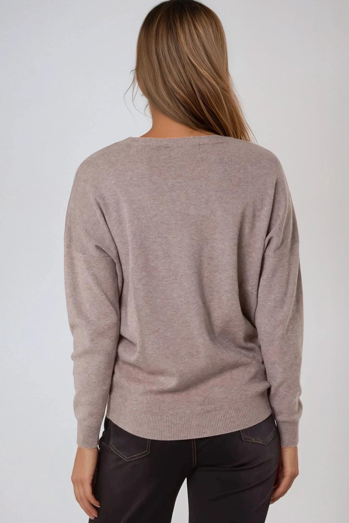 Mocha fine knit crew neck jumper, view 3