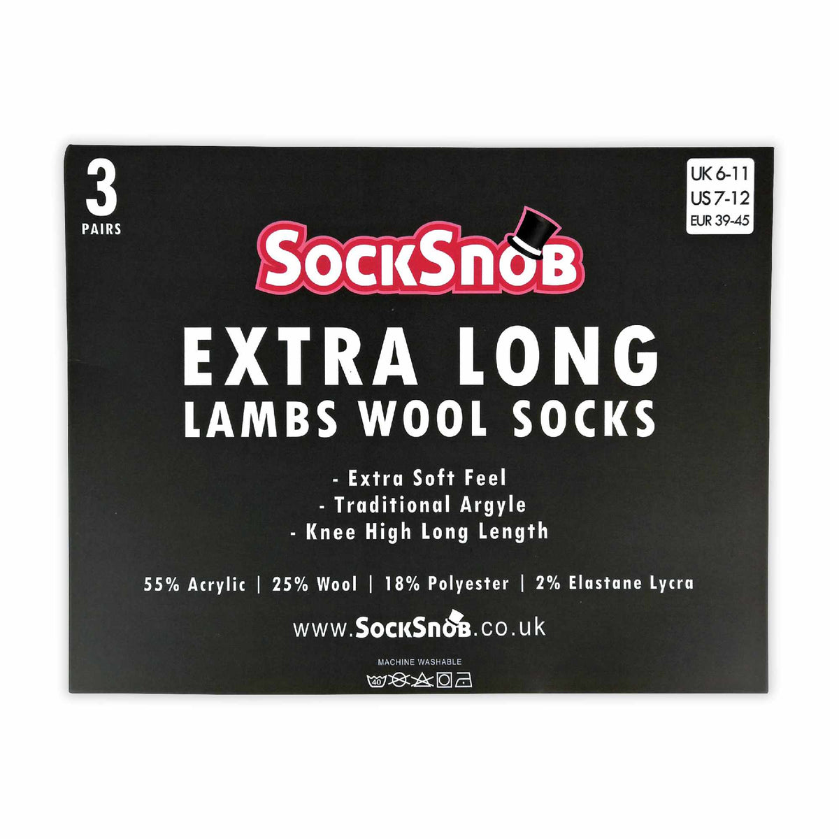 Men's Extra-Long Argyle Lambswool Socks, Pack of 3