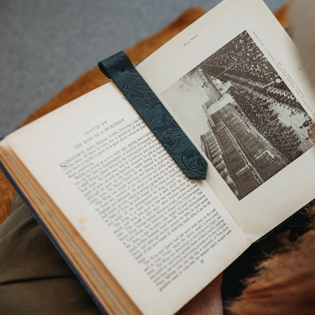 Leather bookmarks embossed with a botanical pattern