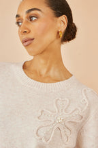 Oatmeal floral appliqué jumper, view 5