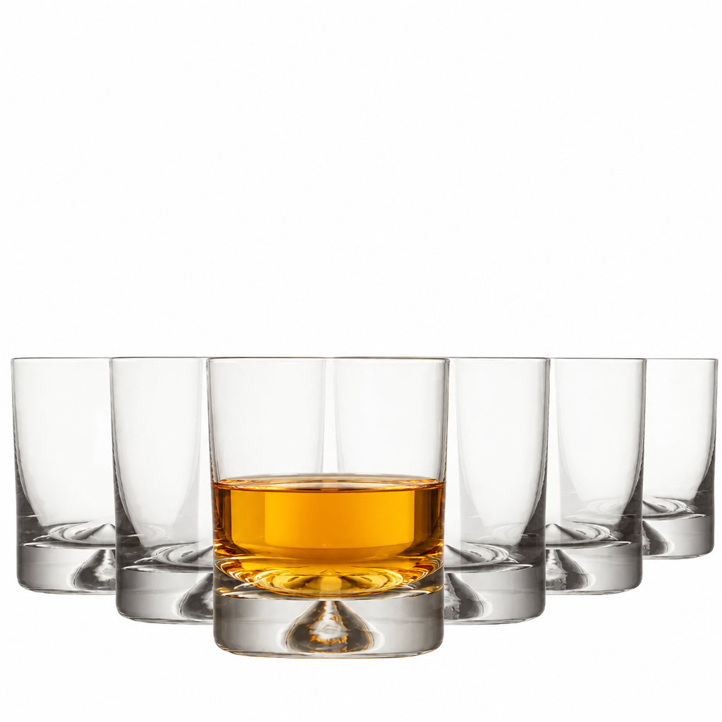 Set of six clear tumblers with a dimpled base