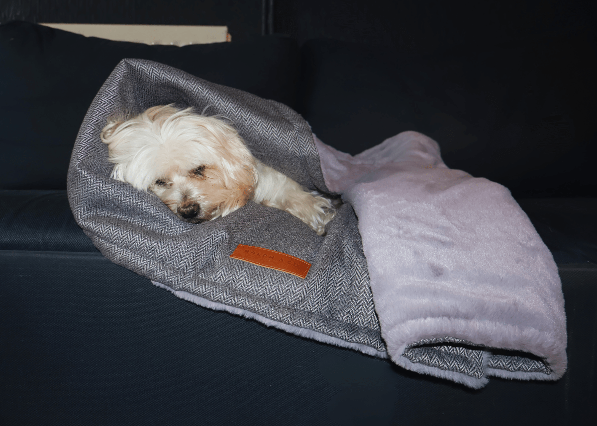 Balmoral grey herringbone and faux fur reversible dog blanket, view 2