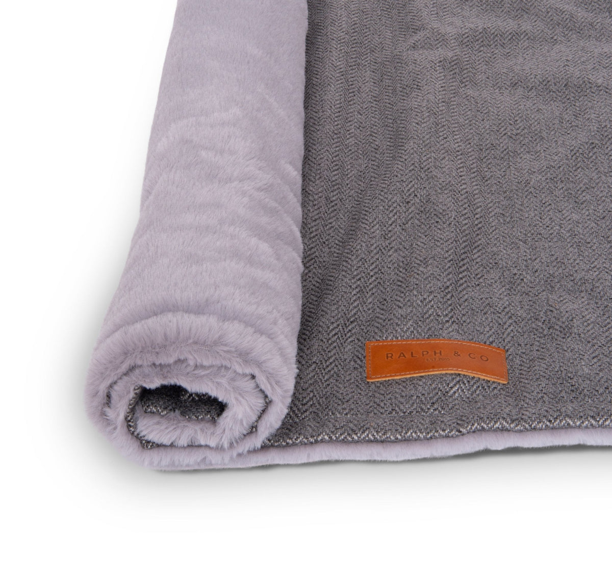 Balmoral grey herringbone and faux fur reversible dog blanket, view 4