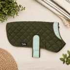 Khaki tweed quilted dog coat with a green tweed collar