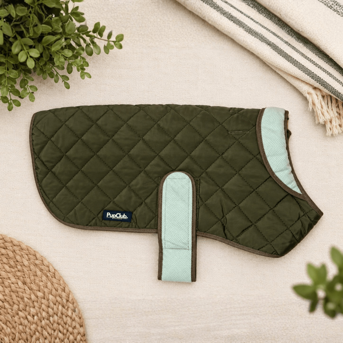 Khaki tweed quilted dog coat with a green tweed collar
