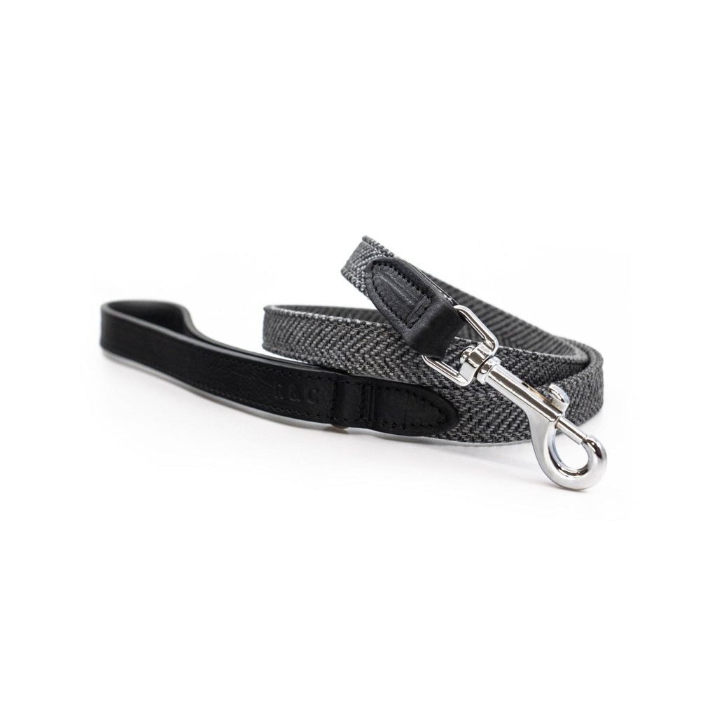 Grey herringbone and black leather dog lead