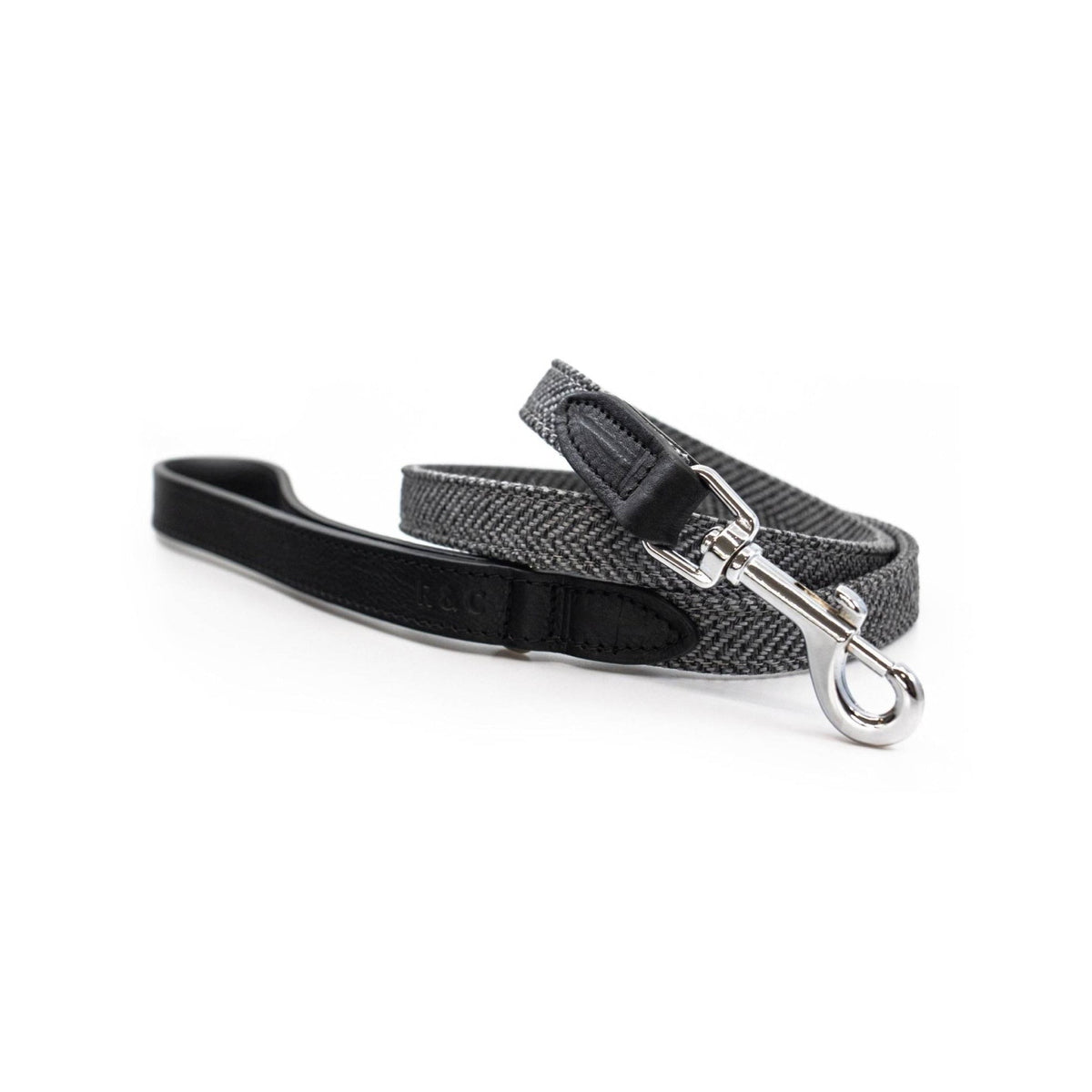 Grey herringbone and black leather dog lead