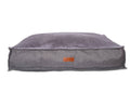 Grey herringbone flat pillow dog bed with faux fur surface