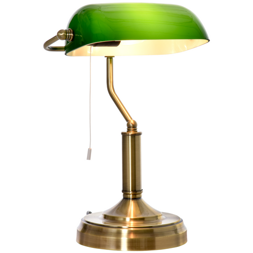 Banker's desk lamp with a glass shade and antique brass finish