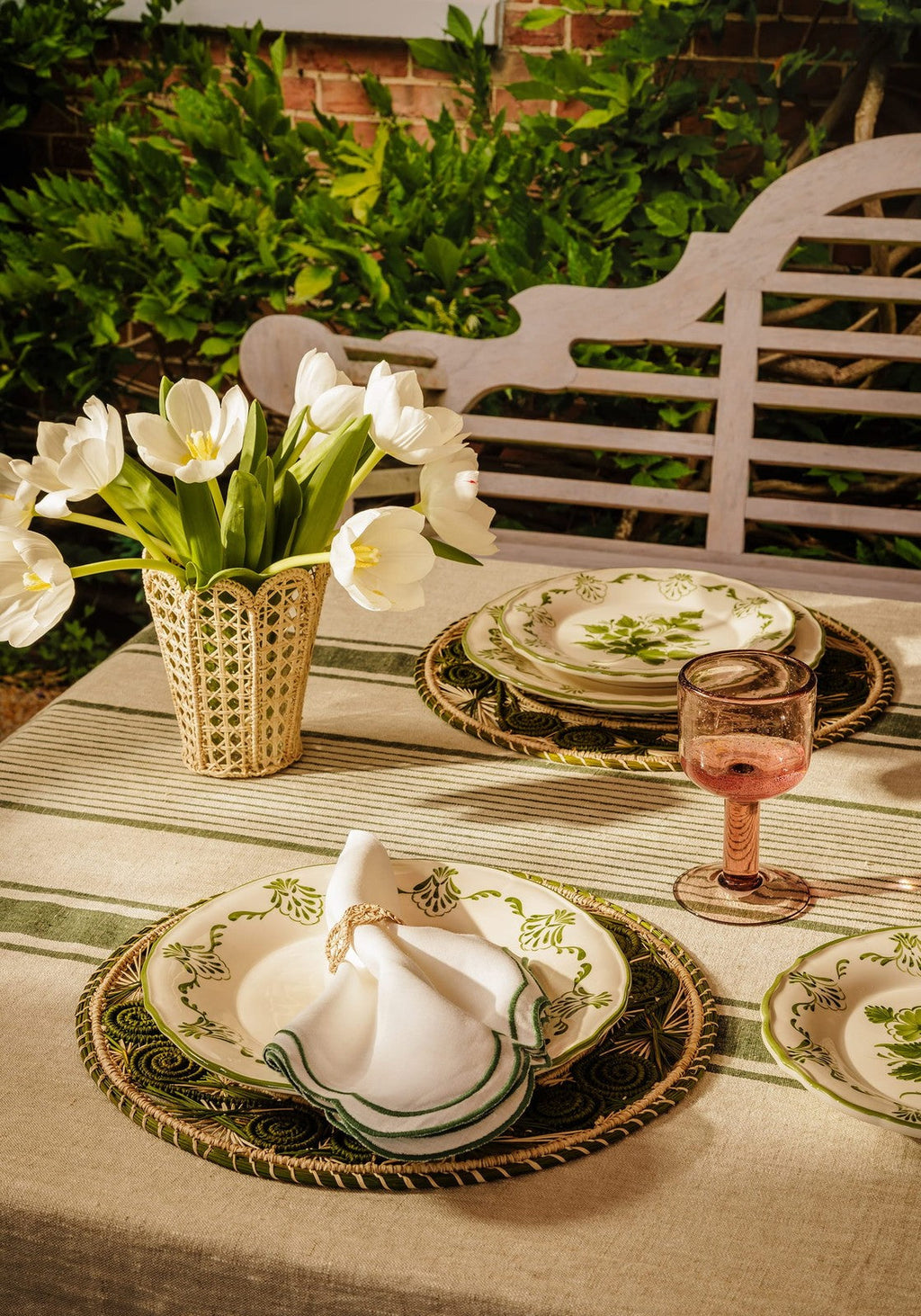 Jemima Linen Tablecloth, Green Stripe, view 2