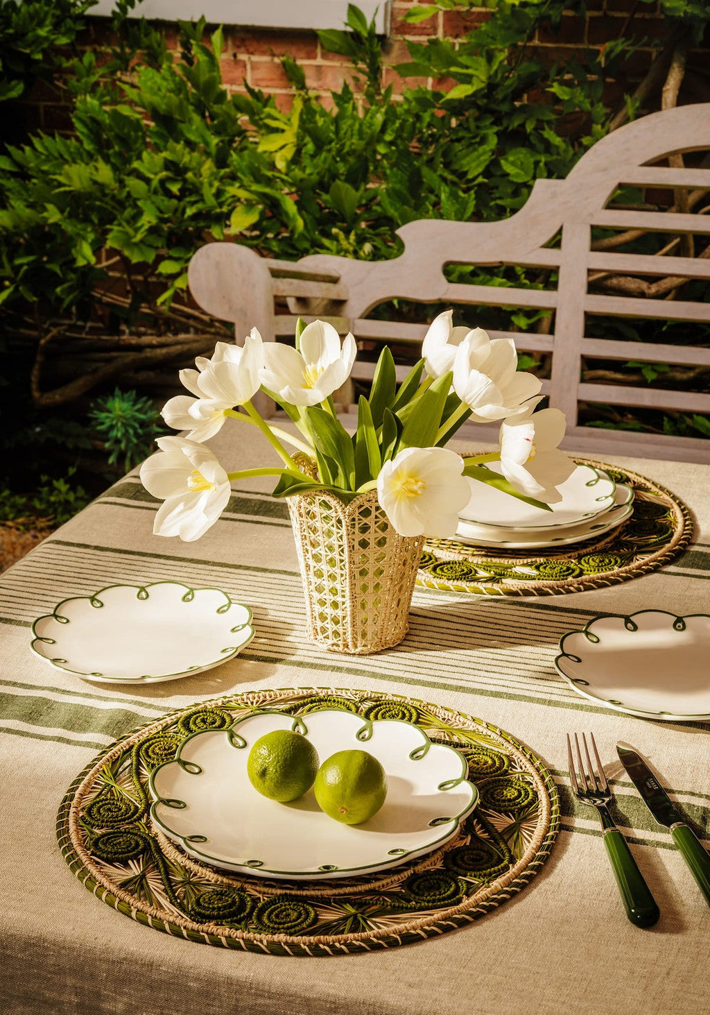 Jemima Linen Tablecloth, Green Stripe, view 3